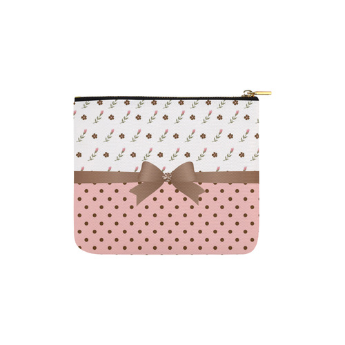 Brown Pink Flowers, Floral Pattern, Pink Brown Polka Dots, Brown Bow Carry-All Pouch 6''x5''