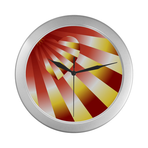 Orange, Red & Yellow Autumn Sunset Love Heart Silver Color Wall Clock