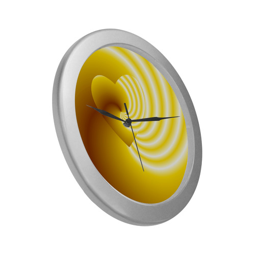 Yellow and White Swirls Love Heart Silver Color Wall Clock