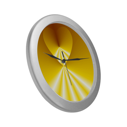 Yellow & White Sunrays Love Heart Silver Color Wall Clock
