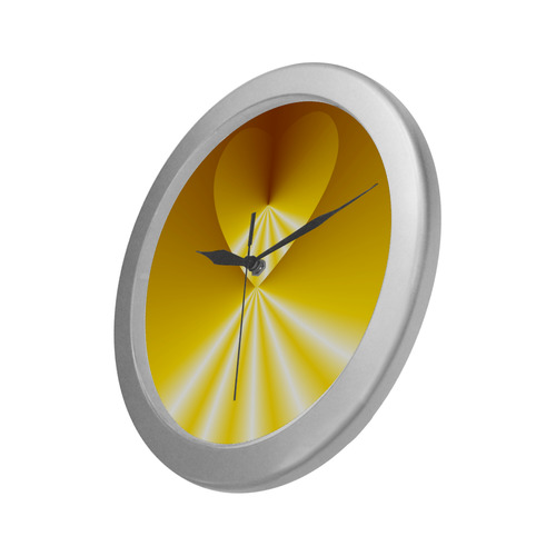 Yellow & White Sunrays Love Heart Silver Color Wall Clock