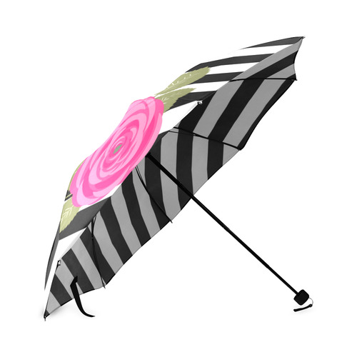 Black White Stripes and Hot Pink Rose Flower Foldable Umbrella (Model U01)