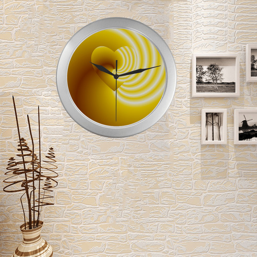 Yellow and White Swirls Love Heart Silver Color Wall Clock