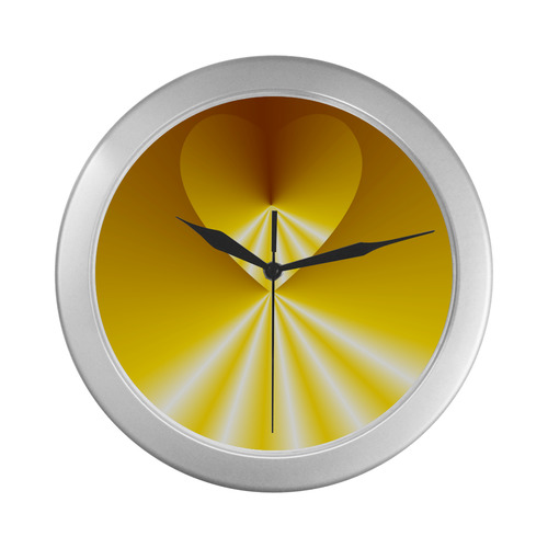 Yellow & White Sunrays Love Heart Silver Color Wall Clock