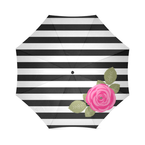 Black White Stripes and Hot Pink Rose Flower Foldable Umbrella (Model U01)