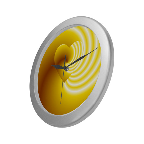 Yellow and White Swirls Love Heart Silver Color Wall Clock