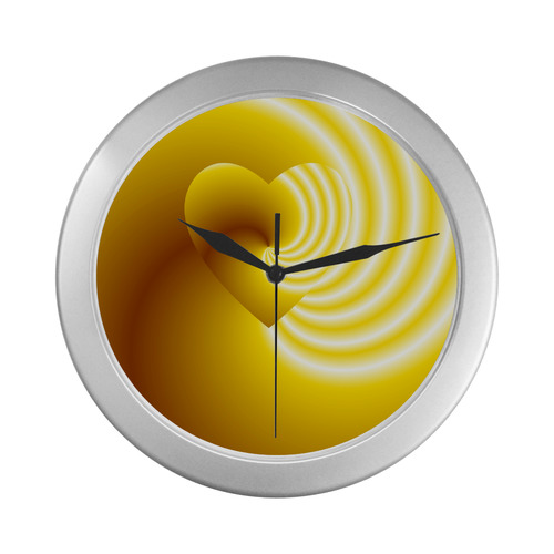 Yellow and White Swirls Love Heart Silver Color Wall Clock