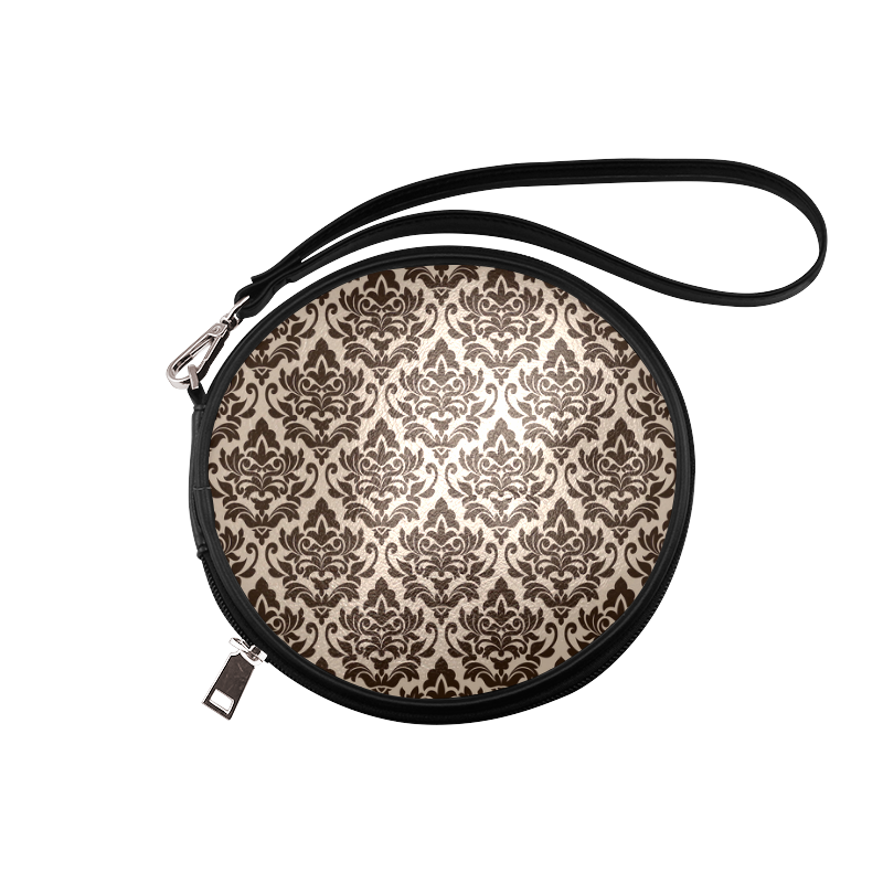 Brown Cream Damask Pattern Round Makeup Bag (Model 1625) ID D1314151