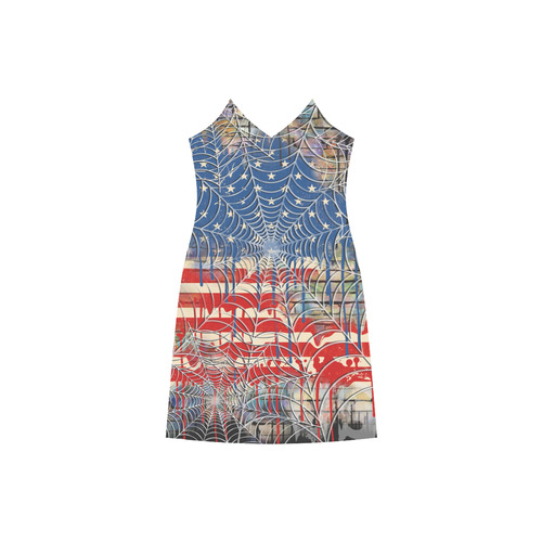 USA Flag Cobweb Printed Dress V-Neck Open Fork Long Dress(Model D18)