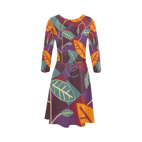 Orange Teal Leaves Colorful Floral Pattern 3/4 Sleeve Sundress (D23)