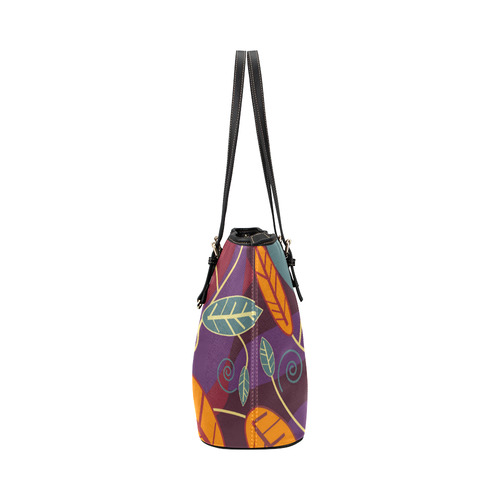 Orange Teal Leaves Colorful Floral Pattern Leather Tote Bag/Large (Model 1651)