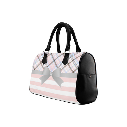 Pink Blue Grey Plaid, Pink Stripes, Grey Bow Boston Handbag (Model 1621)