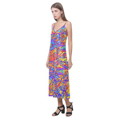 Colorful Graphic Splatter Print Dress V-Neck Open Fork Long Dress(Model D18)