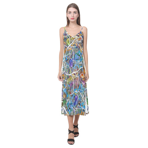 Colorful Cracked Graphic Print Dress V-Neck Open Fork Long Dress(Model D18)