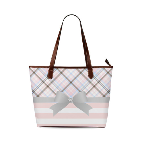 Pink Blue Grey Plaid, Pink Stripes, Grey Bow Shoulder Tote Bag (Model 1646)