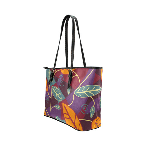 Orange Teal Leaves Colorful Floral Pattern Leather Tote Bag/Small (Model 1651)