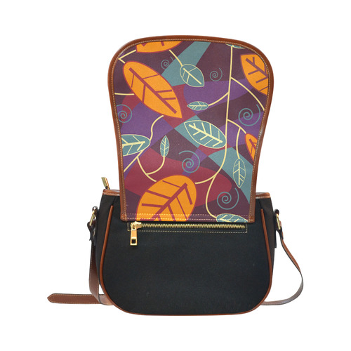 Orange Teal Leaves Colorful Floral Pattern Saddle Bag/Small (Model 1649)(Flap Customization)