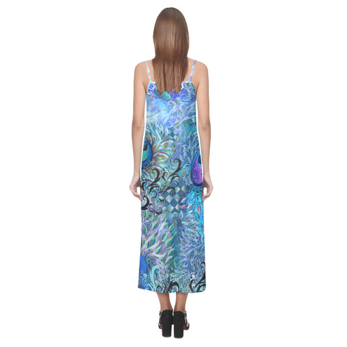 Blue Peacock Teal Print Summer Dress V-Neck Open Fork Long Dress(Model D18)
