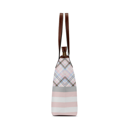 Pink Blue Grey Plaid, Pink Stripes, Grey Bow Shoulder Tote Bag (Model 1646)