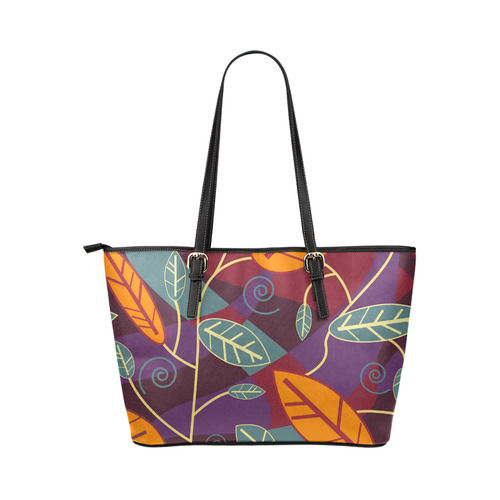 Orange Teal Leaves Colorful Floral Pattern Leather Tote Bag/Large (Model 1651)