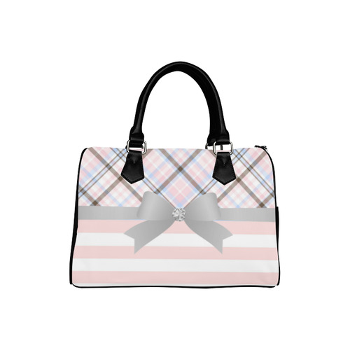 Pink Blue Grey Plaid, Pink Stripes, Grey Bow Boston Handbag (Model 1621)