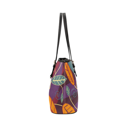 Orange Teal Leaves Colorful Floral Pattern Leather Tote Bag/Small (Model 1651)