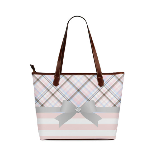 Pink Blue Grey Plaid, Pink Stripes, Grey Bow Shoulder Tote Bag (Model 1646)