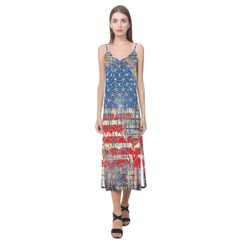 Resist Dress USA Flag Melting Print Dress V-Neck Open Fork Long Dress(Model D18)