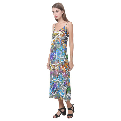 Colorful Cracked Graphic Print Dress V-Neck Open Fork Long Dress(Model D18)