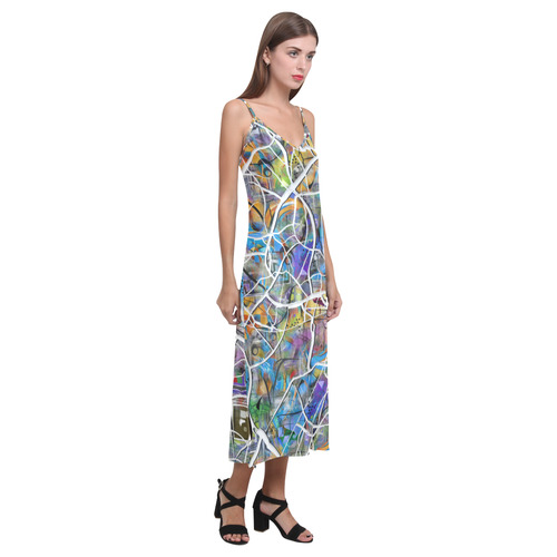 Colorful Cracked Graphic Print Dress V-Neck Open Fork Long Dress(Model D18)