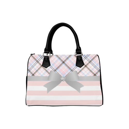 Pink Blue Grey Plaid, Pink Stripes, Grey Bow Boston Handbag (Model 1621)