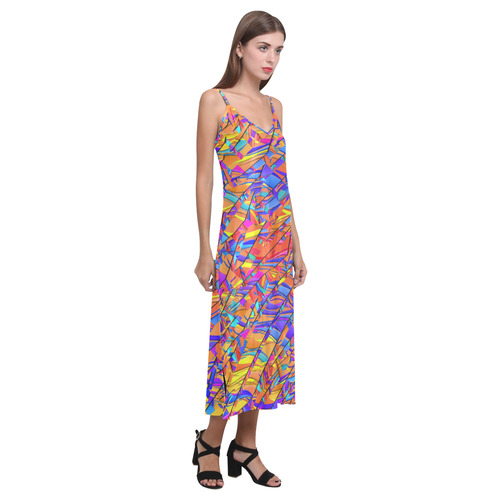 Colorful Graphic Splatter Print Dress V-Neck Open Fork Long Dress(Model D18)