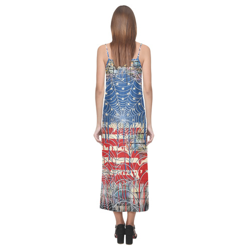 USA Flag Cobweb Printed Dress V-Neck Open Fork Long Dress(Model D18)