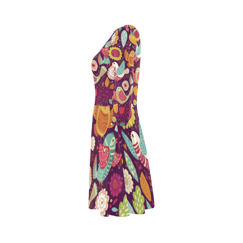 Cute Birds and Flowers Floral Pattern 3/4 Sleeve Sundress (D23)