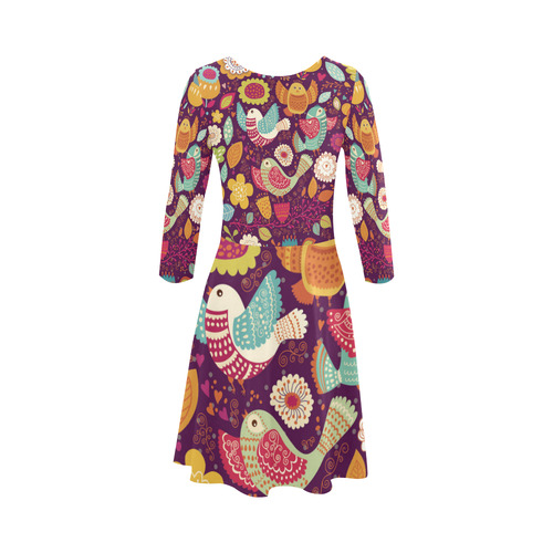 Cute Birds and Flowers Floral Pattern 3/4 Sleeve Sundress (D23)