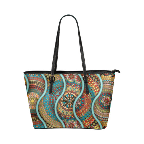 Red Aqua Vintage Floral Texture Pattern Leather Tote Bag/Small (Model 1651)