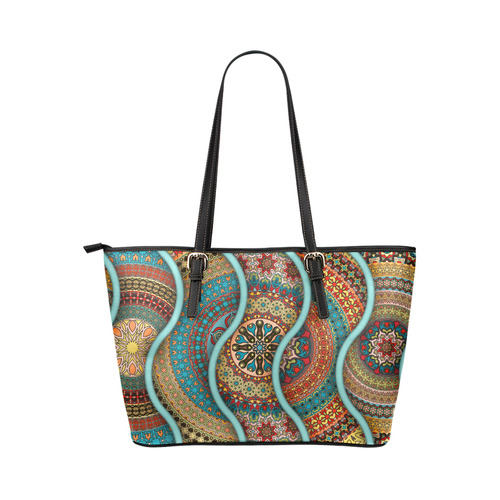 Red Aqua Vintage Floral Texture Pattern Leather Tote Bag/Small (Model 1651)