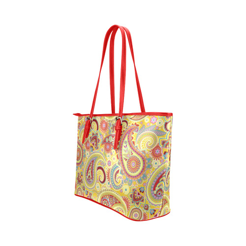 Red Yellow Vintage Paisley Pattern Leather Tote Bag/Large (Model 1651)