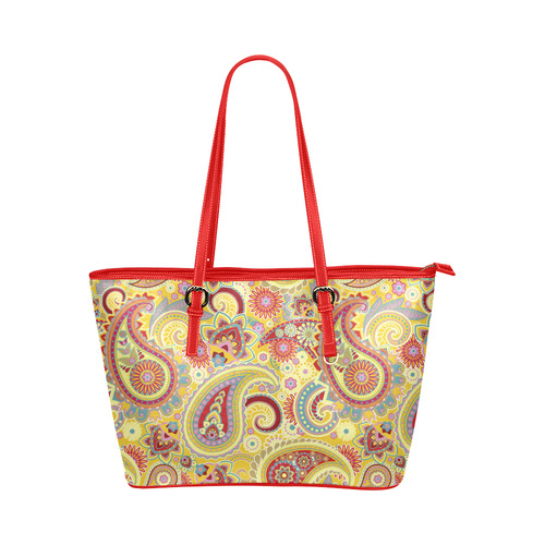 Red Yellow Vintage Paisley Pattern Leather Tote Bag/Large (Model 1651)