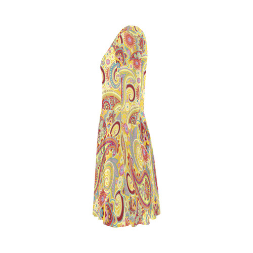 Red Yellow Vintage Paisley Pattern Elbow Sleeve Ice Skater Dress (D20)