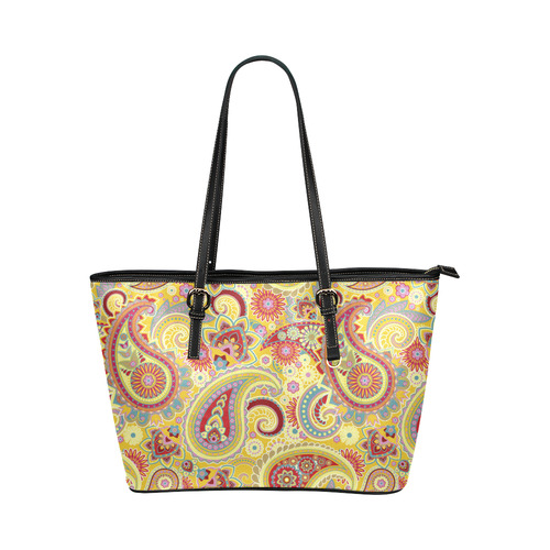 Red Yellow Vintage Paisley Pattern Leather Tote Bag/Small (Model 1651)