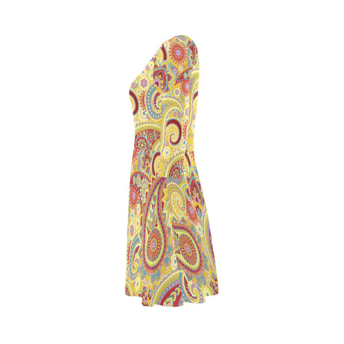 Red Yellow Vintage Paisley Pattern 3/4 Sleeve Sundress (D23)