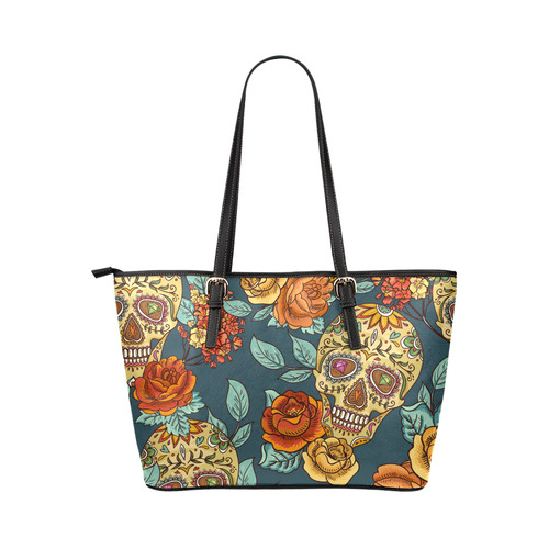 Skull Roses Cool Floral Pattern Leather Tote Bag/Small (Model 1651)