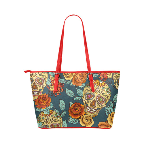 Skull Roses Cool Floral Pattern Leather Tote Bag/Large (Model 1651)