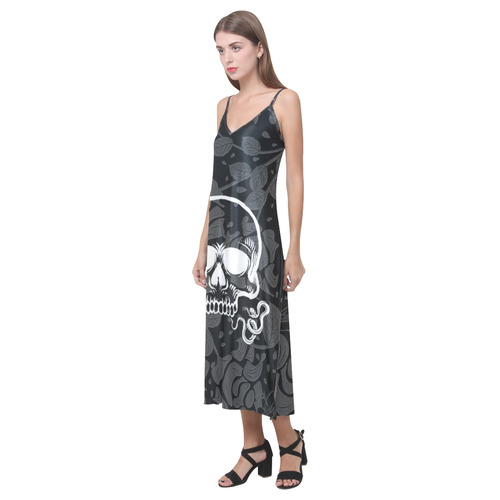 Damasc Skull with Snake by JamColors V-Neck Open Fork Long Dress(Model D18)