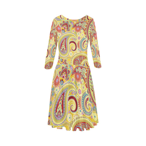 Red Yellow Vintage Paisley Pattern Elbow Sleeve Ice Skater Dress (D20)