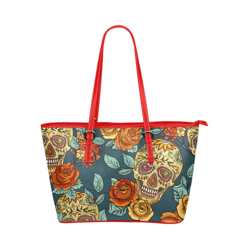 Skull Roses Cool Floral Pattern Leather Tote Bag/Large (Model 1651)