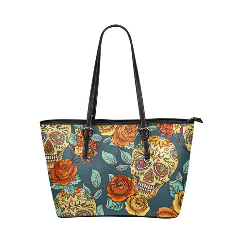 Skull Roses Cool Floral Pattern Leather Tote Bag/Small (Model 1651)