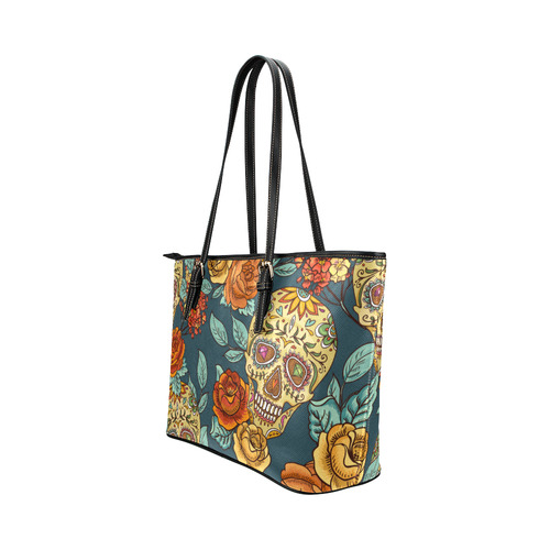 Skull Roses Cool Floral Pattern Leather Tote Bag/Small (Model 1651)