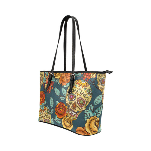 Skull Roses Cool Floral Pattern Leather Tote Bag/Small (Model 1651)